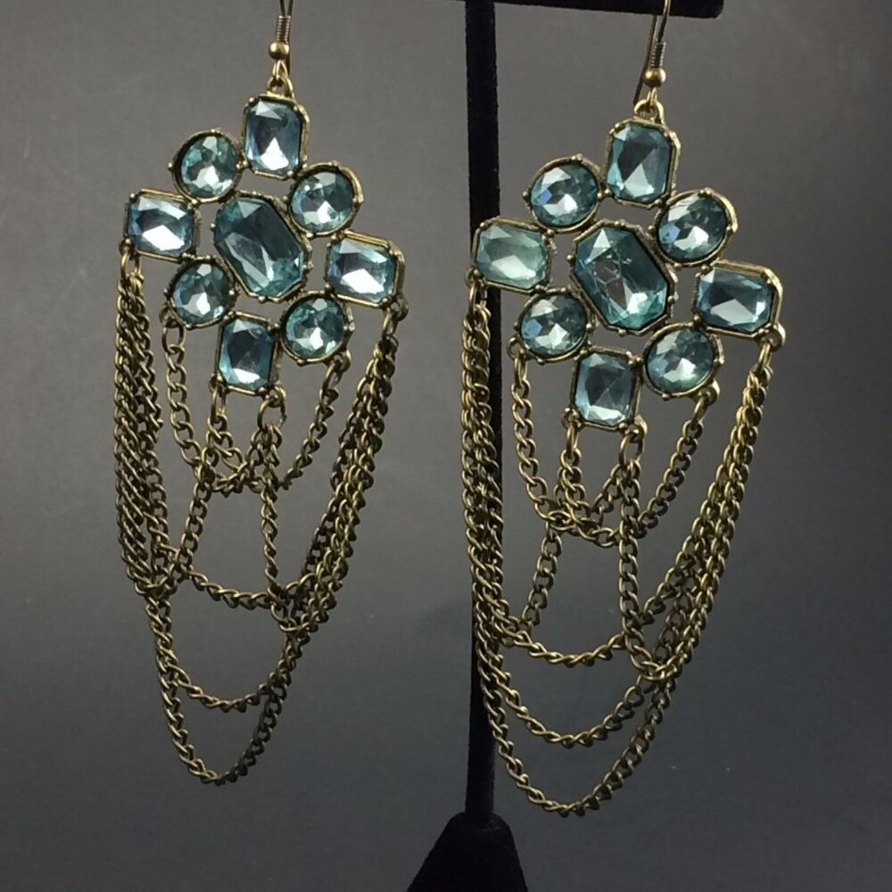 Long Blue Rhinestone Chain Swag Drop Costume Earrings Faceted 5" Runway